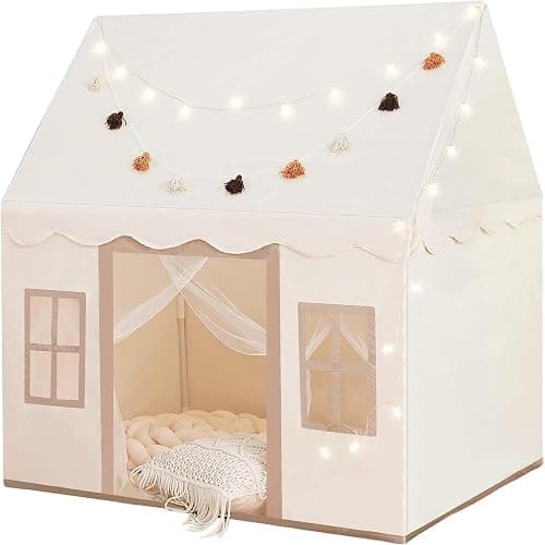 Little Dove Large Kids Tent with Mat, Star Lights, Tissue Garland, Play Tent Indoor & Outdoor, Kids Play Tent for Girl & Boy Aged 3+, 52" x35" x 52" Play Tent with Windows, Washable, Beige - Image 1