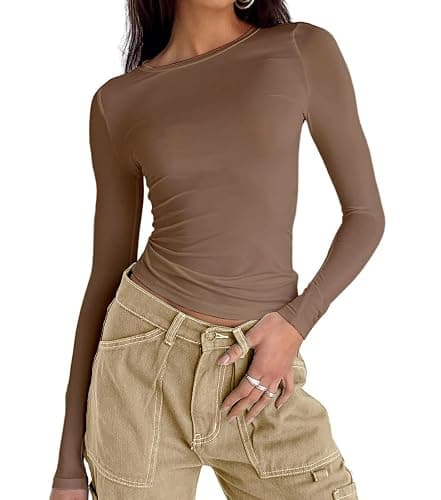 Dwnval Women Sexy Basic T Shirts Tops Summer Short Sleeve Crewneck Slim Fit Cute Crop Top Blouses - Medium - 2# Brown - Image 1