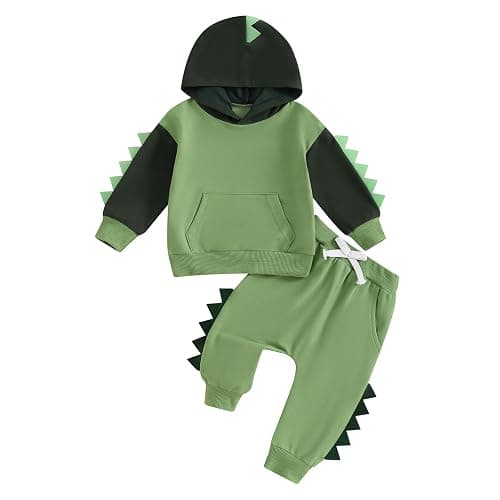 LIOMENGZI Infant Baby Boy Hooded Dinosaur Fall Outfit Contrast Sweatshirt Pant Set Toddler Dinosaur Clothes 6 12 18 Months 2T - Image 1