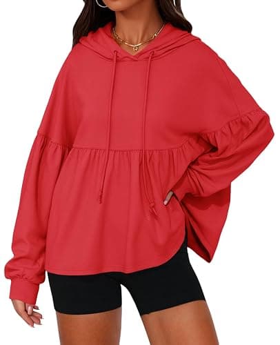 Fisoew Womens Oversized Hoodies Sweatshirts Casual Lantern Long Sleeve Drawstring Peplum Hem Loose Hooded Pullover Tops - Image 1