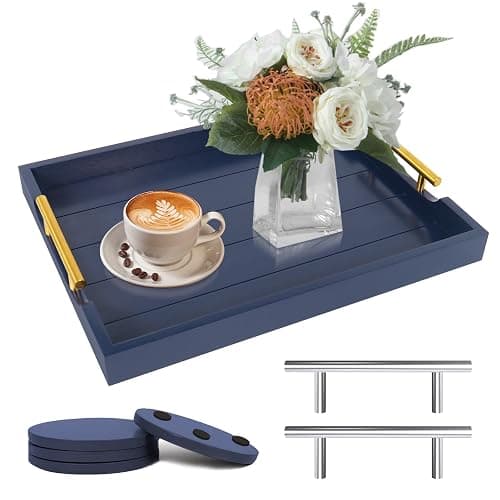 SXNOWS Coffee Table Tray - Large Ottoman Tray for Living Room - Wood Serving Tray with Handles(2 Sets) - Wooden Trays for Coffee Tables, 4 Round Coasters Included, Deep Blue - Image 1