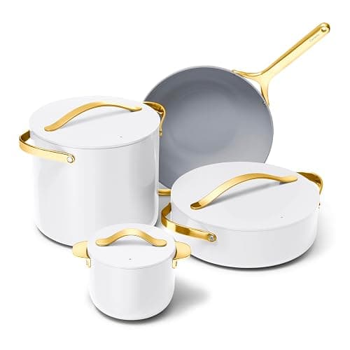Caraway Cookware+ Collection - Specialty Cookware Set - Petite Cooker, Stir Fry Pan, Rondeau, & Stock Pot - 3 Lids & Storage Organizer Included - White - Image 1