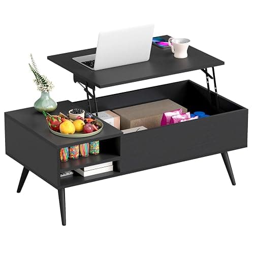 FDW Lift Top Coffee Table with Hidden Storage and Open Shelf | 39.4" Modern Wood Coffee Table for Living Room, Home Office and Small Spaces, Black - Image 1