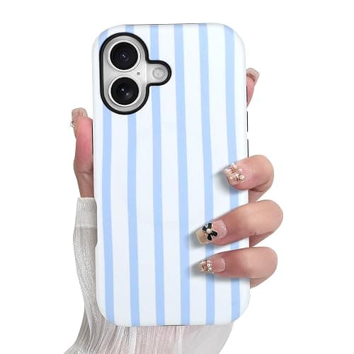 SOKAD Magnetic Vertical Stripes Phone Case for iPhone 17, Cute Light Blue Striped Line Pattern Compatible with Magsafe Matte Protective Case Cover with Screen Protector for Girls Women - Image 1