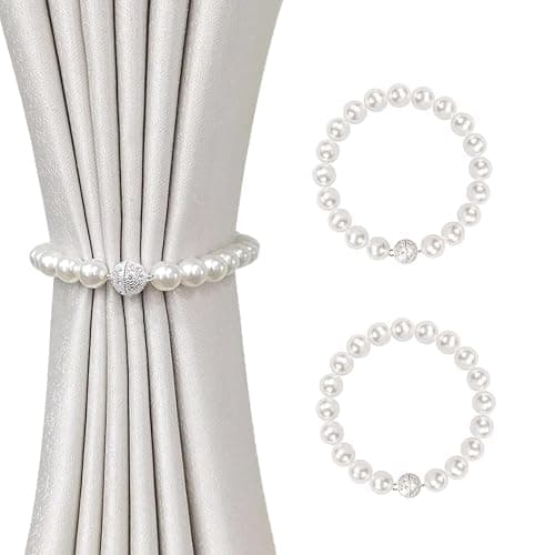 Magnetic Curtain Tiebacks, Curtain Holders for Bedroom Decor, 2 Pack Pearl Curtain Tiebacks for Home, Office, Window Decoration(White) - Image 1