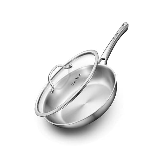 VocVoi 12 inch Tri-Ply Stainless Steel Frying Pan with LID,PFOA&PTFE Free Skillets,Chef's Pans,Dishwasher and Oven Safe Cookware, Works on Induction,Ceramic and Gas Cooktops - 12inch+LID - Image 1