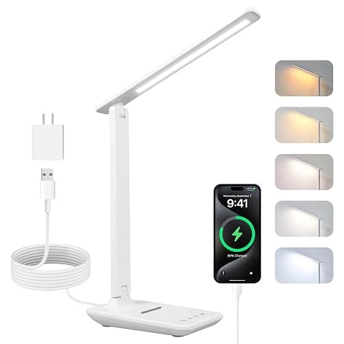 Carehabi LED Desk Lamp, Dimmable Table Lamp, LED Table Lamp with 5 Colours and 5 Brightness Levels, Reading Light with USB Charging Port, Touch Control for Children, Bedroom, Reading, Offices - Image 1