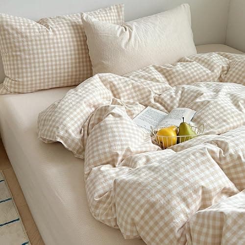Lanqinglv Single Duvet Cover Set Beige Checkered Gingham Bedding Single Bed | Duvet Cover Single with Zipper Closure,1 Pillowcase 50x75cm,All Season,Oeko-Tex certified,Machinewashable,Great Gift,Soft - Image 1