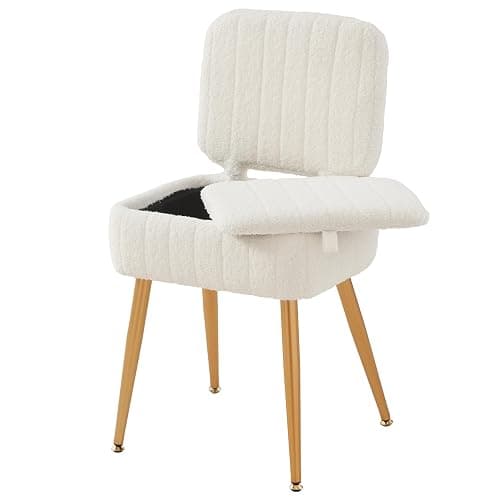 ZYKZYK Updated Vanity Chair, Storage Ottoman with Folding Back & Gold-Toned Metal Legs, Ottoman Seat with Teddy Velvet for Dressing Room Living Room Bedroom, 16" x 12.5" Inch - Image 1