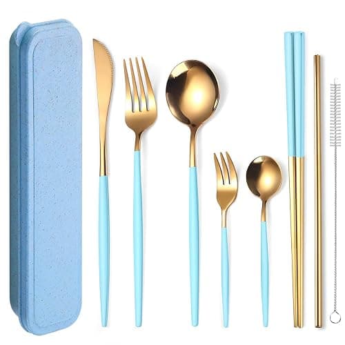 AARainbow 8 Pieces Stainless Steel Flatware Set Portable Reusable Cutlery Set Travel Utensils Set Including Chopsticks Knife Fork Spoon Straws Cleaning Brush Dishwasher Safe (Light blue Golden) - Image 1