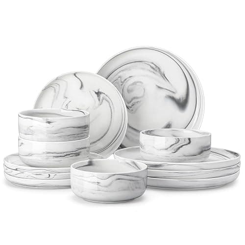 MALACASA Plates and Bowls Sets, 12 Pieces Porcelain Dinnerware Sets Dishware Sets Chip Resistant Ceramic Dish Set Dining Dinner Ware Service for 4, Marble Grey, Series LUNA - Image 1