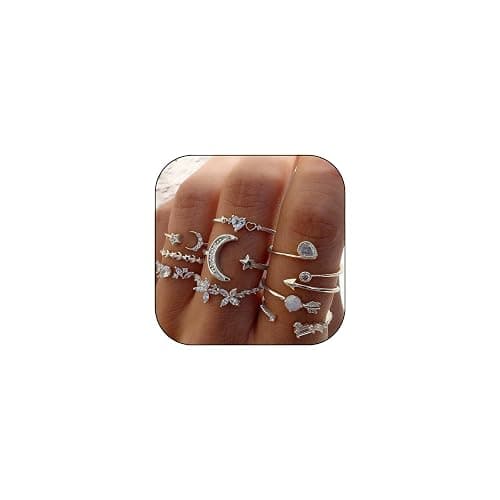CSIYANJRY99 Silver Rings for Women Gifts Trendy Stuff Boho Stackable Star Moon Flower Silver Ring Set for Teens Vintage Crystal Knuckle Stacking Rings Christmas Gifts Stocking Stuffers - Image 1