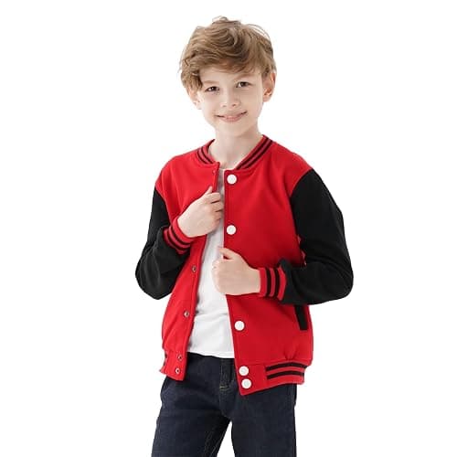 DGSYSHML Kids Baseball Jackets Boys Girls Team Uniform Varsity Jacket Everyday Casual School Cotton Classic Clothing - 12 Years - Red - Image 1