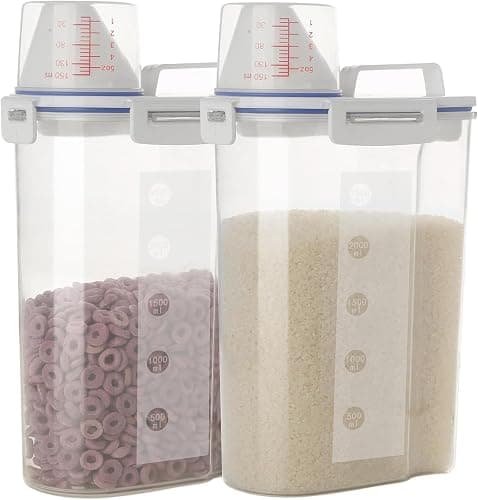 jioko 2 Pcs 5.5 LB Rice Storage Container, Airtight Cereal Flour Dispenser with Pouring Spout & Measuring Cup, Kitchen Plastic Clear Dry Food Storage Bin for Grain Oatmeal Snacks Pet Dog Food - Image 1