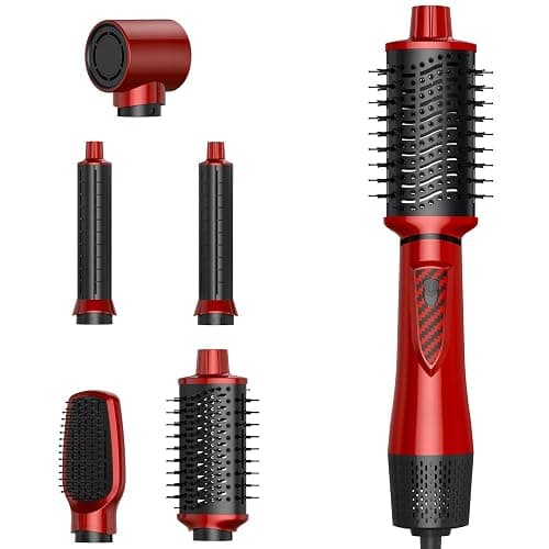5 in 1 Air Styler Set & Hair Dryer Brush, Low-Speed Negative Ionic Hair Styler Drying, Multi Hair Styler, Professional Blow Dryer Brush for Curling Volumizing Straightening Styling (Red+Black) - Image 1
