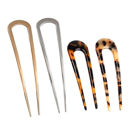starfa lab 4 PCS French Hair Pin, U Shaped Metal Hair Fork, 2 Prong Updo Chignon Clip Sticks Buns Gold Silver Tortoiseshell Twist Fork For Classic French Variety Hairstyle Women Girls - Image 1