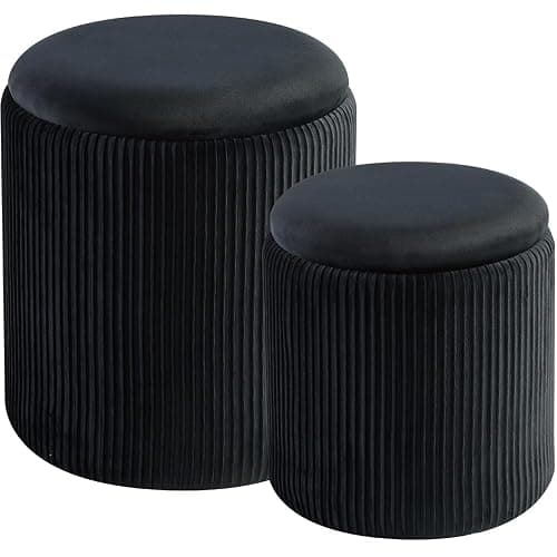 Round Set of 2 Ottoman with Storage-Upholstered Velvet Vanity Stool for Makeup Multifunctional Ottomans Coffee Table Padded Seat Foot Rest for Living Room&Bedroom (Black) - Image 1