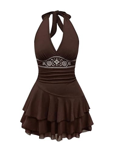 RoseSeek Women's Halter Backless Flowy Cowgirl Short Dress Sleeveless Ruched Tiered Layer Mini Dress - Image 1