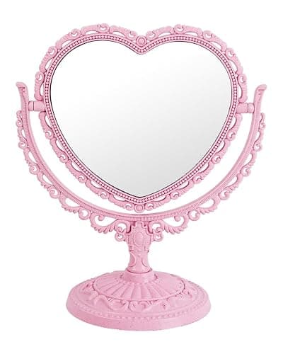 XPXKJ 7 Inch Vintage Heart Mirror - Elegant Desk Makeup Mirror with Double Sided 360 Degree Rotation Vanity Mirror for Coquette Room Decor - Pink - Image 1