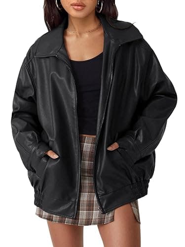 hathne Women's Oversized Leather Jackets Faux Zip Up Fall Fashion Motorcycle Jackets Coats Winter Clothes - Image 1