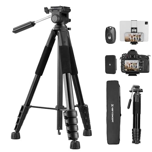 K&F CONCEPT Camera Tripod, 75" Lightweight Portable Travel Outdoor DSLR Tripods for Camera Phone Video Recording Tripod Stand, Cellphone Clip for Smartphone Live Streaming Vlog, Black - Image 1
