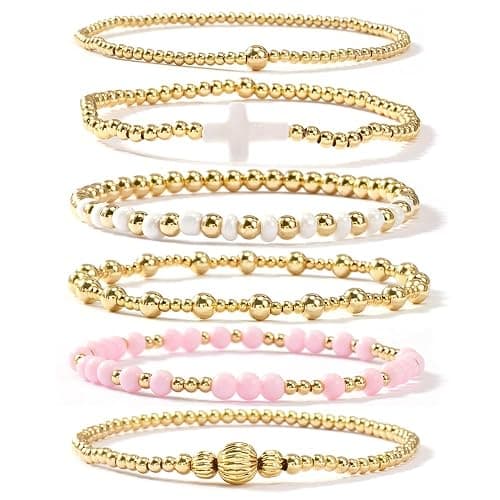 Ustome Boho Gold Plated Ball Bead Bracelets for Women, Romantic Unique Luxury Versatile Colorful Cross Stretch Accessories Jewelry - Image 1