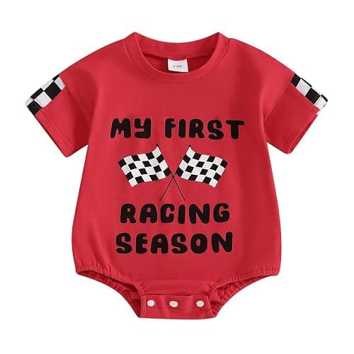 KMBANGI My First Racing Season Outfit Newborn Baby Boy Girl Short Sleeve Race Car Checkered Flag Romper Infant Clothing 0-18M - Image 1
