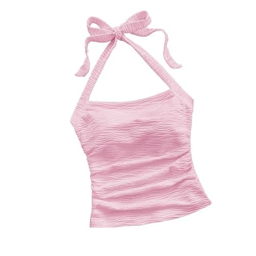 Womens Cute Crop Halter Tops Tie Back Textured Going Out Tank Top Ruched Slim Y2k Camisole Summer Vacation Cami Shirt - Image 1