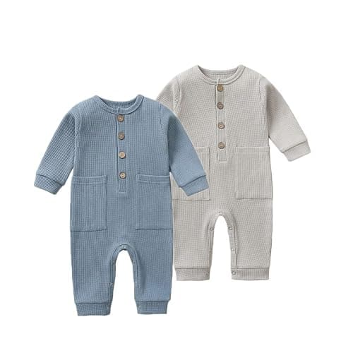 BeiVSlley Newborn Baby Boy Girl 2 Pack Button Solid Romper Infant Long sleeve Knit Cotton Footless Outfits Clothes - 3M - Blue+gray - Image 1