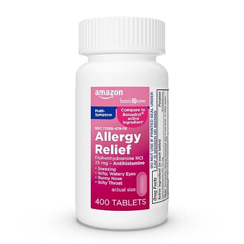 Amazon Basic Care Complete Allergy Relief, Diphenhydramine HCl 25 mg, Relieves Symptoms, Antihistamine Tablets, 400 Count - Image 1