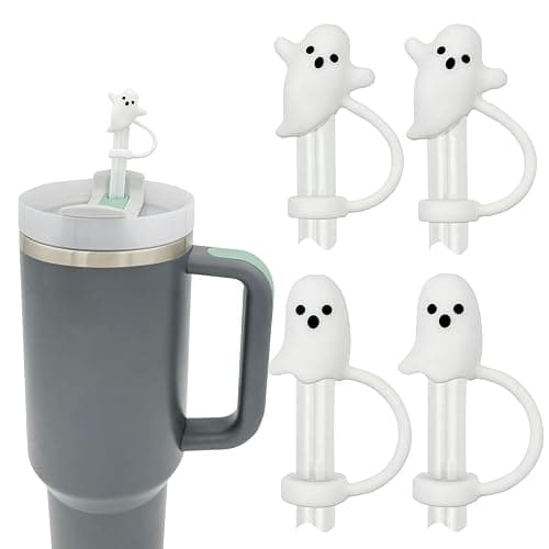 LUOLAO Cute Ghost Straw Covers Cap Compatible with Stanley Cup 30 40 oz, 4PCS Silicone Reusable Drinking Straw Topper, Funny Tumbler Accessories Halloween Decorations Gifts Boo Basket Items Essentials - Image 1