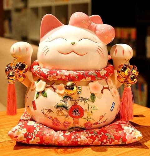 EatingBiting 7.9inch Japanese Ceramics Maneki Neko Lots Bells Bowknot Cat Ornament Collectible Figurine Waving Lucky Cat,Ornately Decorated Porcelain Best Gift for Business Opening - Image 1