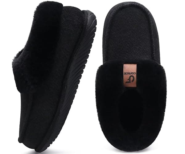 COFACE Women's Memory Foam House Slippers Arch Support Moccasin Winter Shoes Ladies Warm Fuzzy Faux Fur Collar With Indoor Outdoor Rubber Sole - Image 1