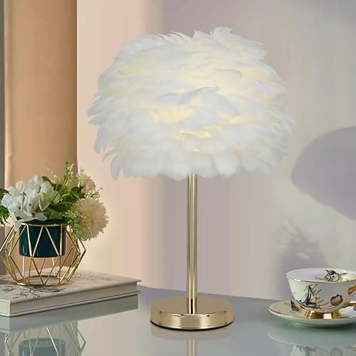 ZYLEIESENBAO Chic White Feather Lamp Creative Feather Bedside Lamp Cute Furry Nightstand Light Gold Stand Fluffy Table Lamp Atmosphere for Girl Bedroom Living Room Entry Hotel Wedding Gift - Image 1