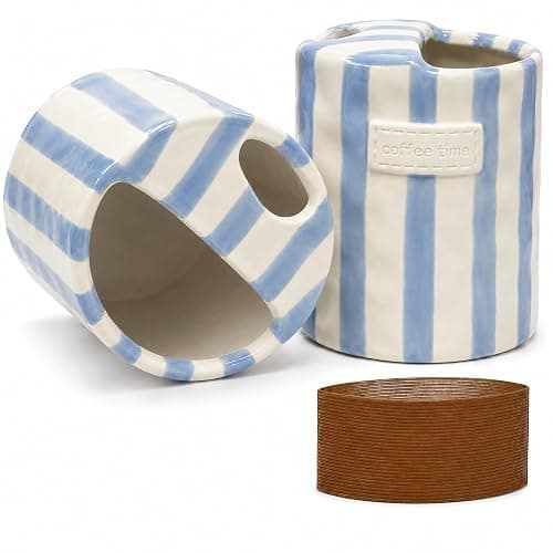 KOIMYSA Ceramic Coffee Mug with Sip Hole 12oz, To Go Ceramic Mug Striped | Hand Painted Espresso Cups Ceramic for Iced Coffee Tea Latte Matcha, Kitchen Dining Travel, Light Blue - Image 1