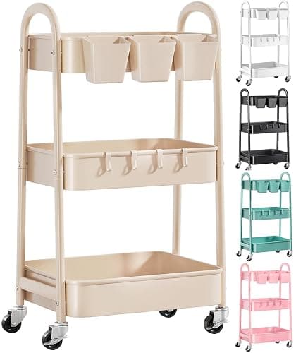 3 Tier Khaki Metal Utility Rolling Cart, Storage Cart with Handle and Lockable Wheels, Multifunctional Organizer Trolley with Mesh Storage Baskets for Kitchen, Office, Living Room, Laundry, Garage - Image 1