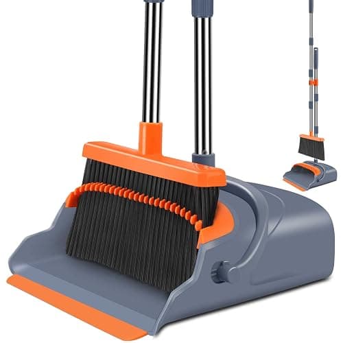 kelamayi Upgrade Broom and Dustpan Set, Self-Cleaning with Dustpan Teeth, Indoor&Outdoor Sweeping, Ideal for Dog Cat Pets Home Use, Stand Up Broom and Dustpan (Gray&Orange) - Image 1
