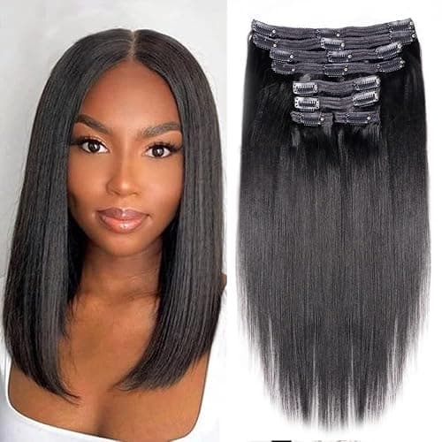Mihugass Yaki Straight Clip Ins Real Human Hair For Black Women | #1B Natural Color, Clip Ins, Affordable, Natural Texture, Not Flat, Soft, Volume,Easy Install,Daily Wear,14 Inch - Image 1