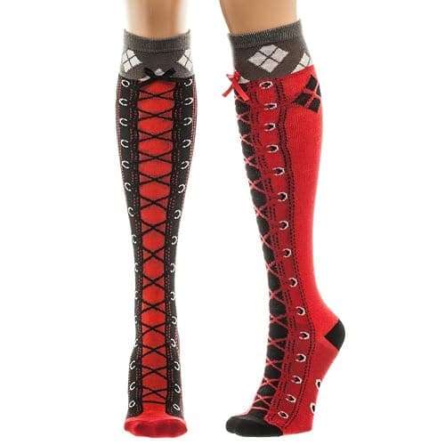Bioworld DC Comics Harley Quinn Faux Lace Up Knee High Boot Socks with Cuff Multi color sock size(9-11) - Image 1