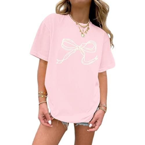 Weripoah Bow Oversized Shirts for Girls Graphic Cute Shirt for Teen Preppy Aesthetic Tshirt Girls' Summer Casual Coquette Top - Image 1