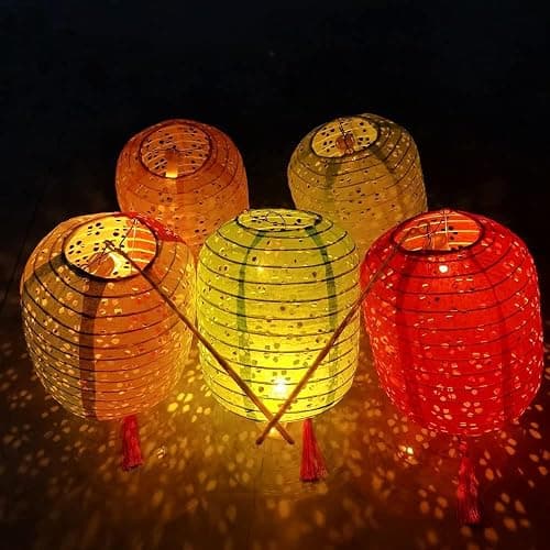 Set of 5 Paper Lanterns 6inches Variety Color Vibrant LED Lights, Hollow Out Hanging Paper Lanterns with Tassels Walking Sticks for Dinner Birthday Party Decor (Oval-Shaped) - Image 1