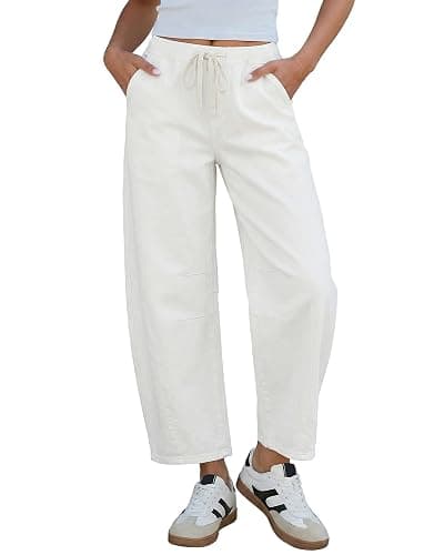 GRAPENT Barrel Jeans Women High Rise Pull On Elastic Waist Crop Denim Pants | Barrel Leg, High Waist with Drawstring, Seam Front, Relaxed Fit, 27'' Inseam, Cropped Jeans, Casual Friday's at Work Outfits - Image 1