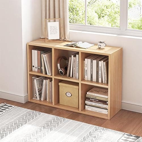 NELYE 6 Cube Organizer Bookcase - Fabric Storage Bins Container, Open Shelf Simple Compartments Bookshelf, Oak - Image 1