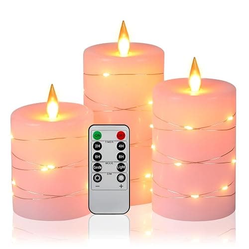 Da by 3 Pack Pink Real Wax Flameless Taper Candles, Lifelike Flickering LED Flame Candles with Surrounding Fairy String Lights, Soft Warm Battery Candles with Remote for Home Wedding Party Decor - Image 1