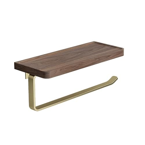 Danpoo Brushed Gold Paper Towel Holder Wall Mount, with Natural Walnut Shelf – Elegant Kitchen & Bathroom Organizer - Image 1
