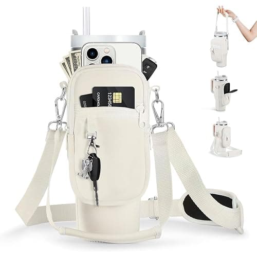 linmaya Water Bottle Carrier Bag with Phone Pocket for Stanley Cup 40/30oz,Insulated Neoprene Water Bottle Holder Cross-boday Bag with Adjustable Shoulder & Handheld Strap Stanley Cup Accessories - 40OZ - creamy white - Image 1
