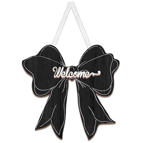 Black Bow Decor Hanging Sign Cute Coquette Bow Decoration Double-sidedWooden Bowknot Welcome Door Sign for Preppy Room Wall Home Bedroom Fall Halloween Indoor Outdoor Porch - Image 1
