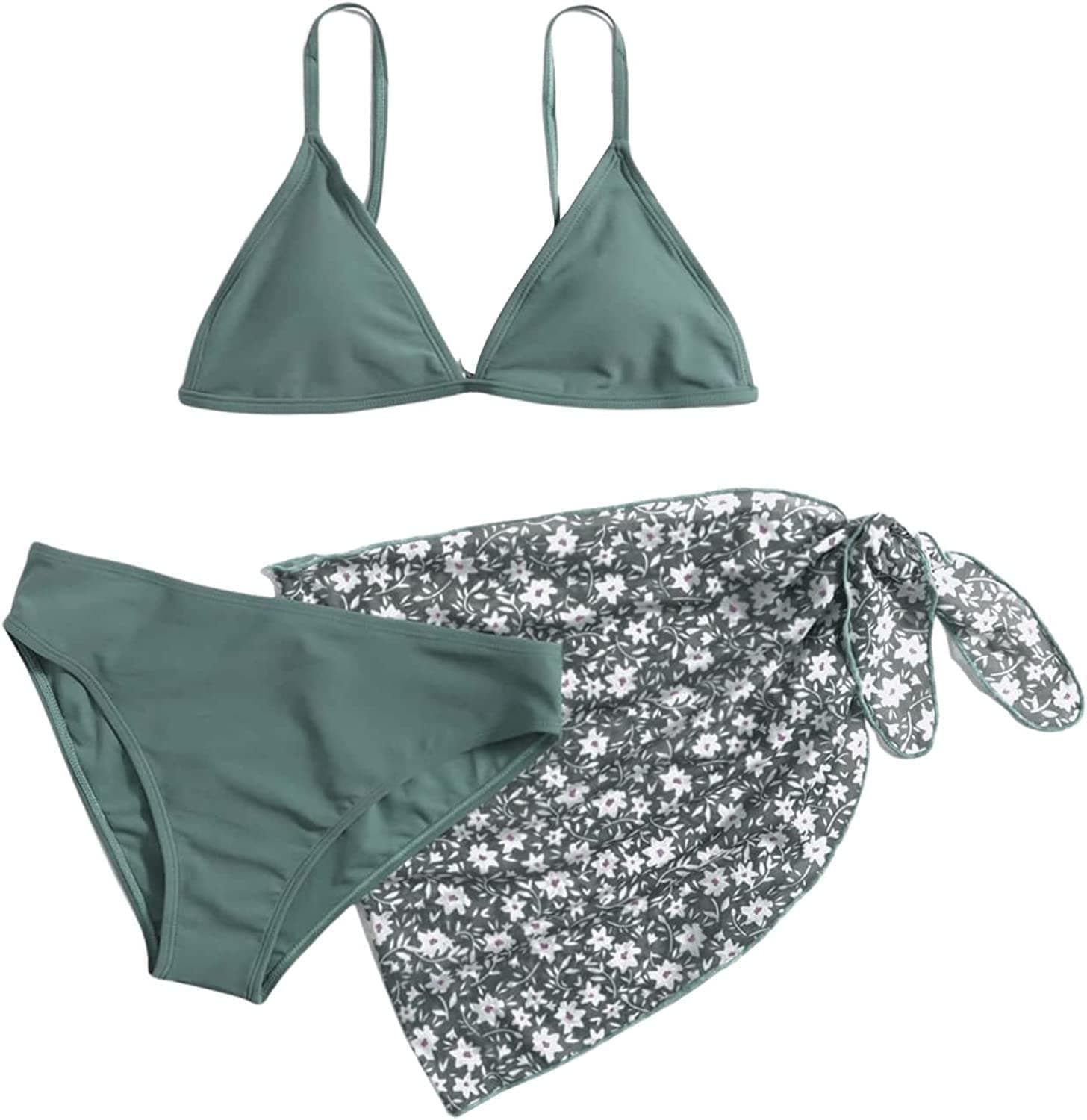 SHENHE Girl's 3 Piece Cute Spaghetti Strap Triangle Bikini Swimsuit with Beach Cover Up - 14 Years - Green - Image 1