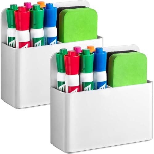 Banafich 2 Pcs Magnetic Dry Erase Marker Holder for Whiteboard, Plastic Magnetic Pen Holder for Refrigerator Fridge, Magnet Pencil Cup for School Classroom, Locker Accessories, Pen Cup Organizer-White - Image 1