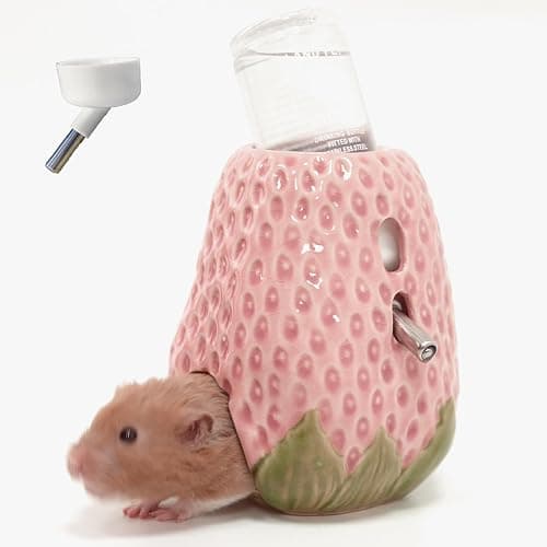 Deapeey Adjustable No-Drip Pink Strawberry Ceramic Hamster Water Bottle | 80ML,2-in-1 Drinking Station and Stable Hideout for Glass Tanks with No-Drip 2 Caps,Fits Hamsters, Gerbils & Small Pets - Image 1